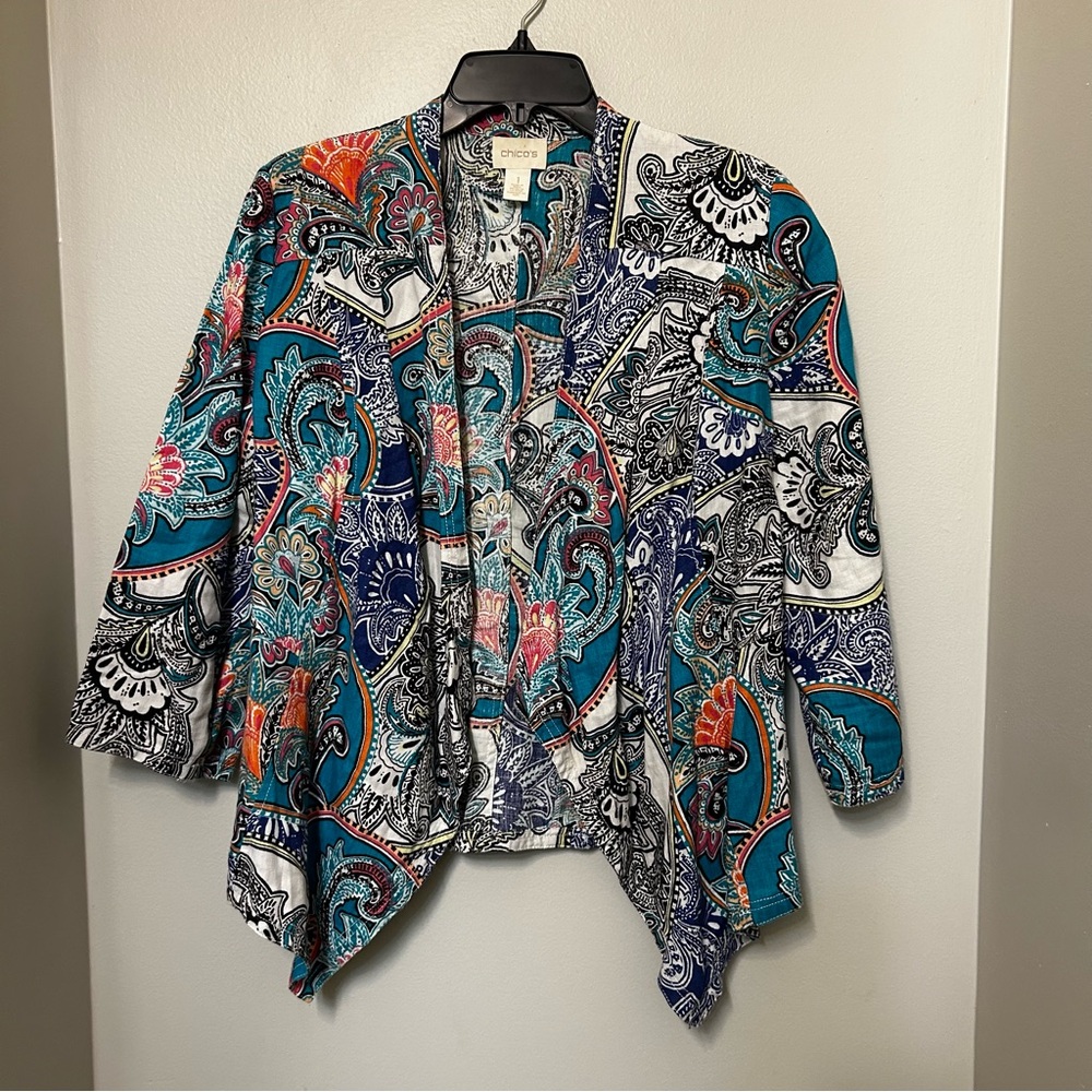 Chicos Linen Jacket Womens 1 US Blue Paisley Open‎ Front 3/4 Sleeves Lagenlook